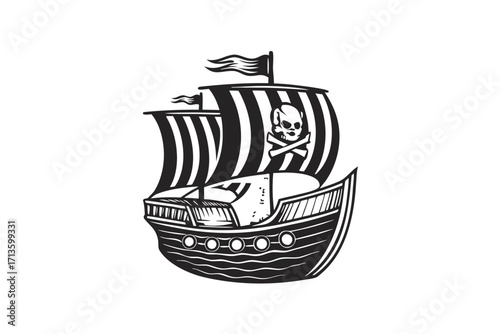 Pirate Ship Icon Vector, Nautical Vessel, Skull and Crossbones, White Background