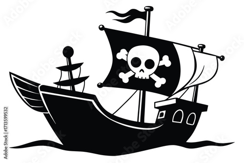Pirate ship icon with skull flag, black silhouette, white background