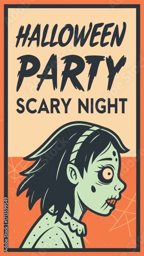 Vintage Halloween poster vector illustration featuring a creepy zombie girl with green skin, glowing white eyes, and messy dark hair. Retro distressed typography reading “Halloween Party – Scary Night
