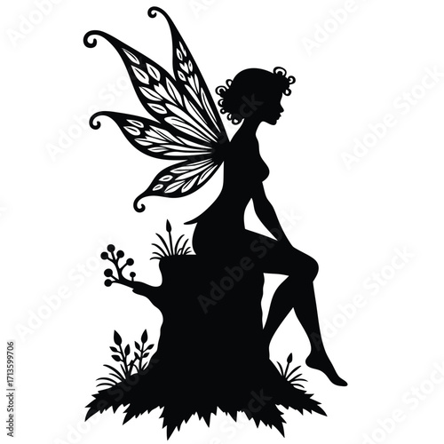 Black silhouette of a fairy with ornate wings sitting on a tree stump