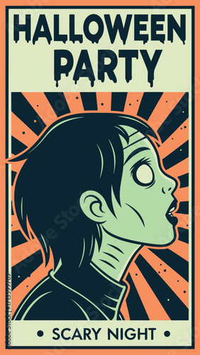 Vintage Halloween poster vector illustration featuring a creepy zombie girl with green skin, glowing white eyes, and messy dark hair. Retro distressed typography reading “Halloween Party – Scary Night