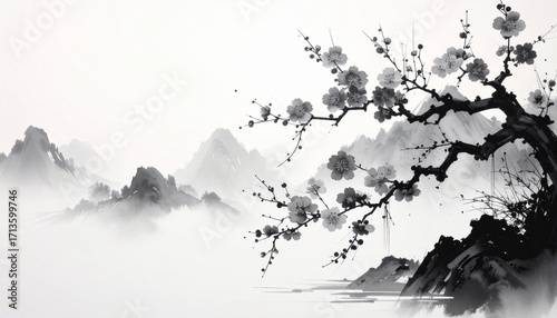 Serene black and white ink wash painting of a blossoming plum tree over a misty mountain landscape.