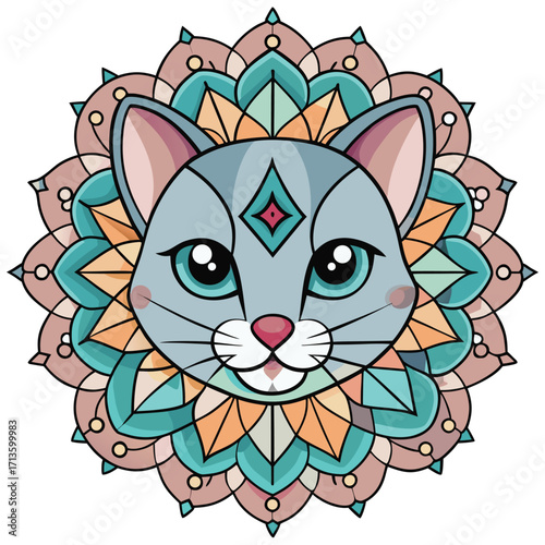 cute cartoon cat illustration with kitten and mouse isolated vector drawing