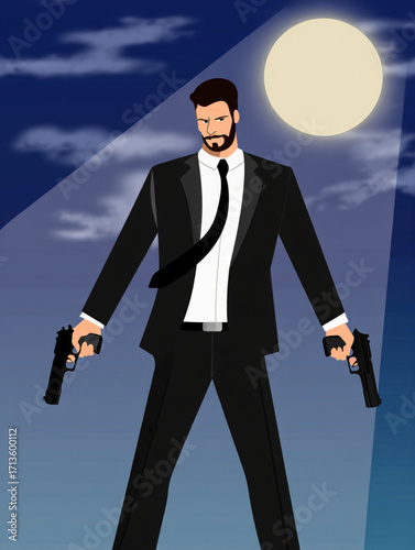 Man in suit with guns under spotlight and moon