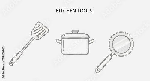 A minimalist collection of kitchen utensil icons including a spatula, cooking pot, and frying pan in a simple monochrome line art style