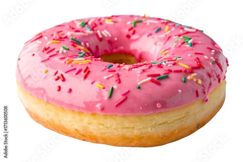 A sweet pink donut with colorful sprinkles is isolated on a white background