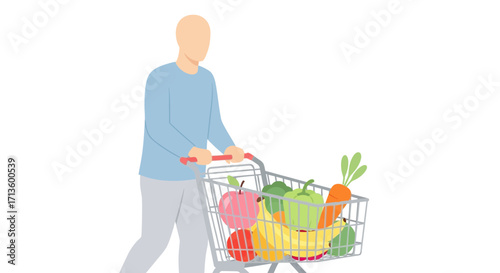 Healthy Eating Habits A Man Pushing a Shopping Cart Full of Fresh Fruits and Vegetables
