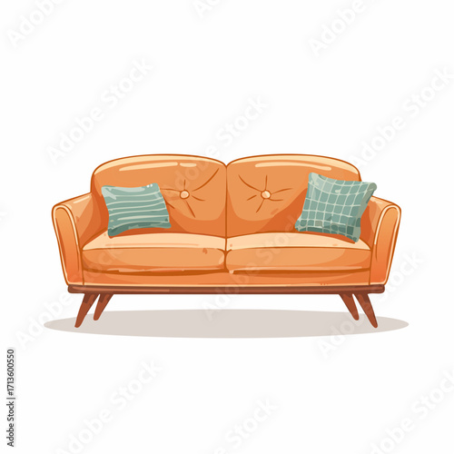 Cozy Mid Century Modern Orange Upholstered Living Room Sofa with Decorative Patterned Throw Pillows for Interior Design Decor Projects