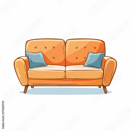 Orange Upholstered Two Seater Living Room Sofa with Decorative Blue Pillows for Interior Design Decor