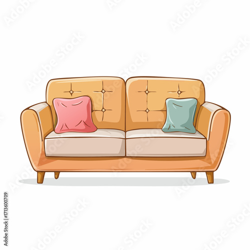 Cozy Modern Two Seater Sofa Illustration with Soft Throw Pillows for Interior Design Concept