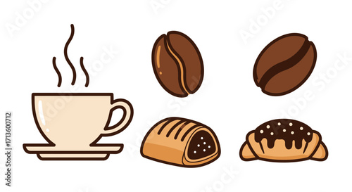 A delicious coffee break with a warm cup of coffee, roasted beans, and sweet pastries on a light background
