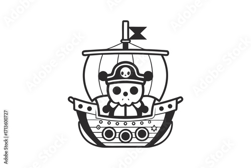 Pirate Ship, Black and White Skull Flag on Sea Waves, Illustration, Isolated