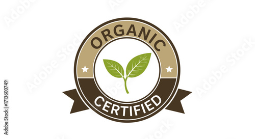 Organic Certified Stamp with Green Sprouts and Ribbon - High Quality Vector Illustration