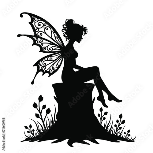 Black silhouette of a fairy with ornate wings sitting on a tree stump