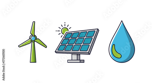 Sustainable resource symbols for wind, solar, and water power. Eco-friendly alternative energy concept icons isolated on a white background