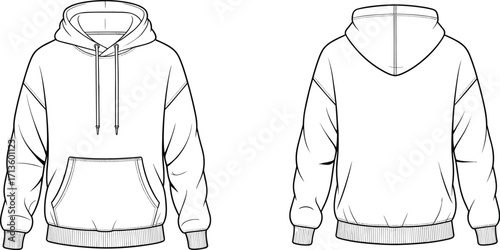 Blank hoodie template, front and back view, sweatshirt mockup, fashion apparel design, unisex clothing illustration, casual wear vector, pullover design