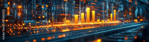 Futuristic digital data visualization bars ascend on a dark industrial production line signifying progress and automation