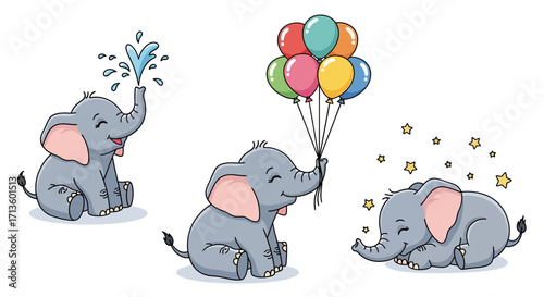 Cartoon Elephants with Balloons, Water, and Stars Illustration