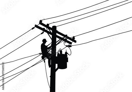 Silhouette of electrical lineman repairing power pole transformer, high voltage cable maintenance, utility service, outdoor energy distribution, electricity network safety illustration