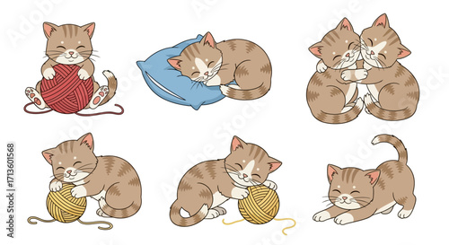 Cartoon Kittens in Various Poses with Yarn and Pillow