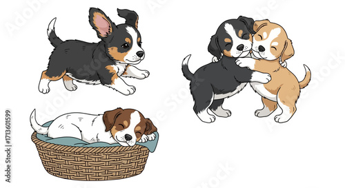 Cute cartoon puppies playing, hugging, and sleeping in a cozy basket