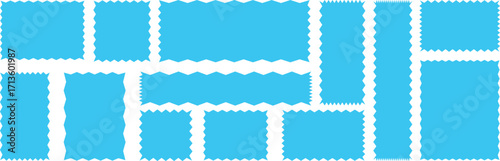 Postage stamp borders set vector. Silhouette stickers circle, square, oval and rectangle labels.  Set of frames with zigzag edge, scallop edge shapes .