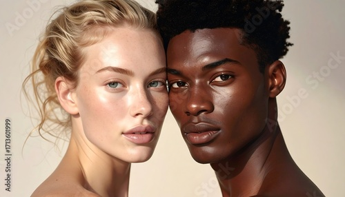 Close-up portrait of a light-skinned woman and dark-skinned man facing each other.  Soft lighting