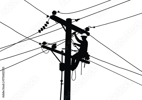 Silhouette of utility worker repairing electrical power lines on wooden pole, high voltage maintenance, energy infrastructure, safety equipment, electricity repair service illustration