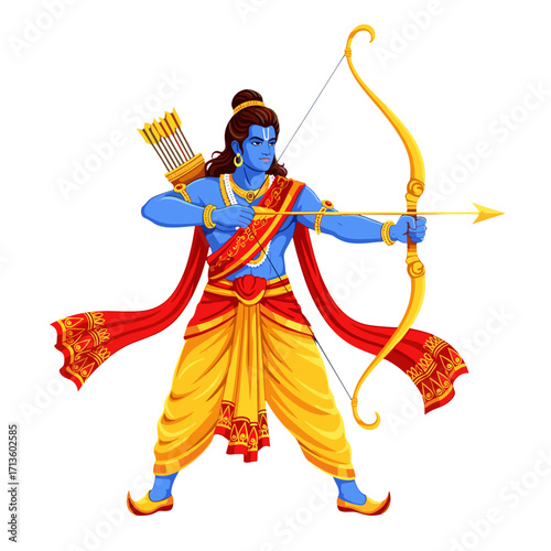 lord rama, rama illustration, hindu god, ramayana, indian mythology, blue skin deity, rama with bow, hindu religion, rama art, indian god, epic character, mythological hero, spiritual art, divine figu