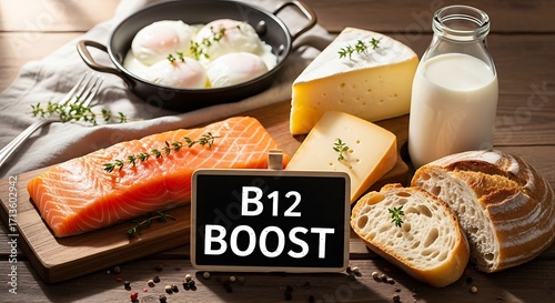 B12 boost salmon, eggs, cheese, and bread, a collection of foods rich in vitamin b12 for a healthy diet