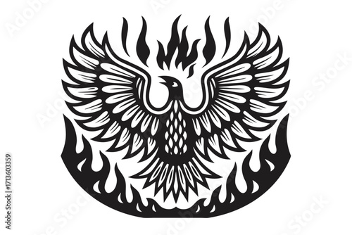 Rising Phoenix Bird Silhouette Logo with Fire and Wings on White