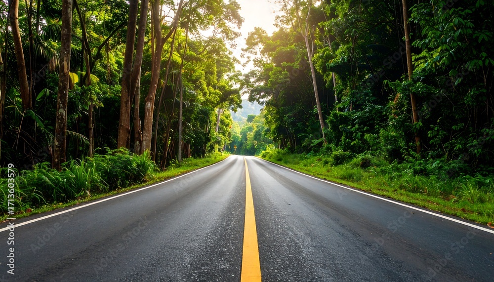Obraz premium Empty road through lush green forest (1)