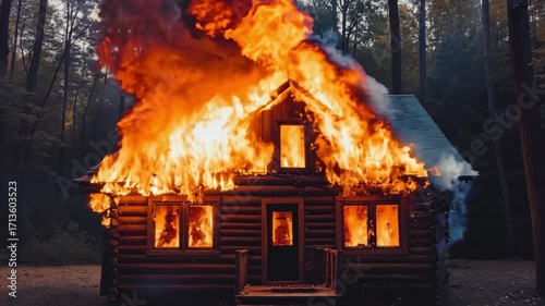A log cabin on fire in the woods