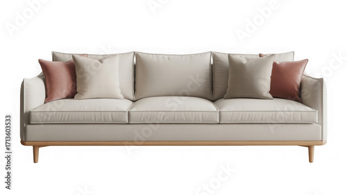Modern cozy sofa with soft cushions, minimal design, Isolated on white and transparent background