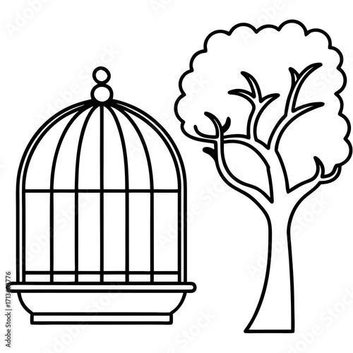 Scalable vector illustration of a bird cage beside a tree outline icon silhouette vector illustration white background