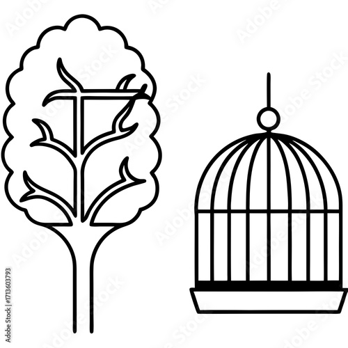 Scalable vector illustration of bird cage and tree for graphic design projects silhouette vector illustration white background