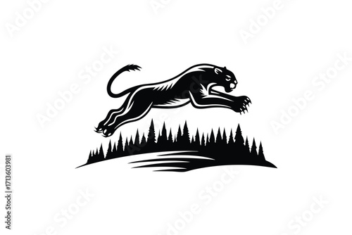 Silhouette of Leaping Black Panther Above Forest on White Background