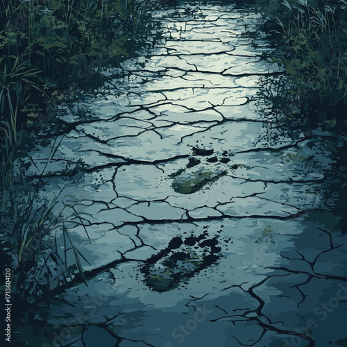 A cracked and muddy wetland surface with footprints of vanished wildlife. , vector style simple color