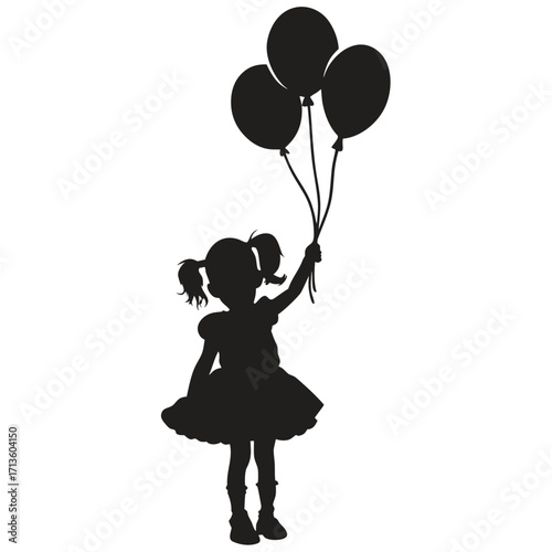Silhouette of a little girl happily holding a bunch of black balloons