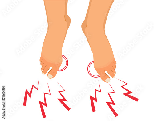 Cartoon vector male feet with red comic signs experiencing pain  or working side effects problems. Illustration for healthcare designs