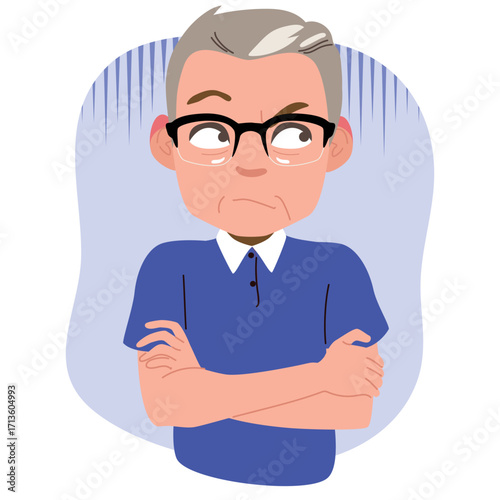 A cartoon illustration of a senior man with arms crossed and a suspicious facial expression, representing conflict, stubborn personality or difficult situations