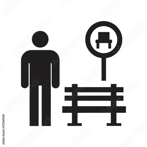 Black silhouette of a person near a bench and bus stop sign