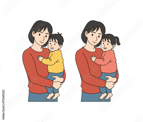 Mother Carrying Children Illustration, Parenting Love Vector