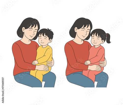 Mother Hugging Children Illustration, Happy Family Love Vector