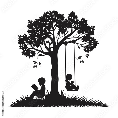 A peaceful scene of children reading and swinging under a tree
