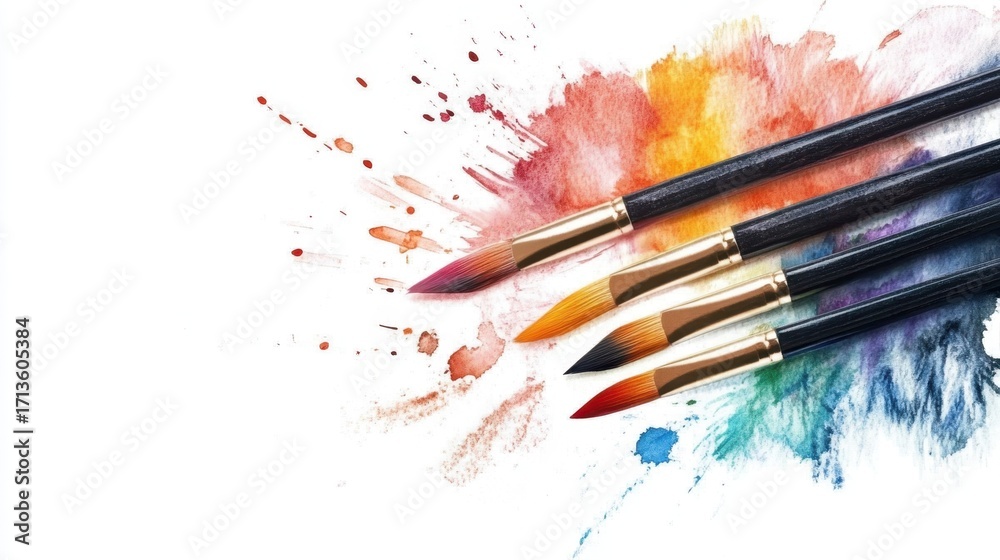 Fototapeta premium Colorful paintbrushes with vibrant splashes on white background