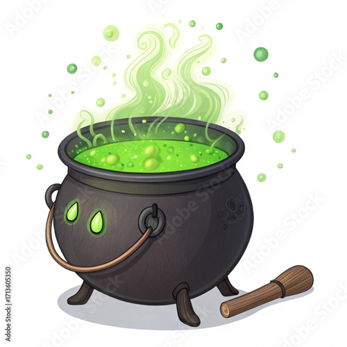 Witch s cauldron bubbling with green potion and stirring stick