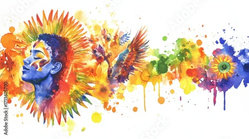 Vibrant watercolor art of female with colorful feathers and abstract patterns, Uruguay Day of Cultural Diversity/Day of the Races