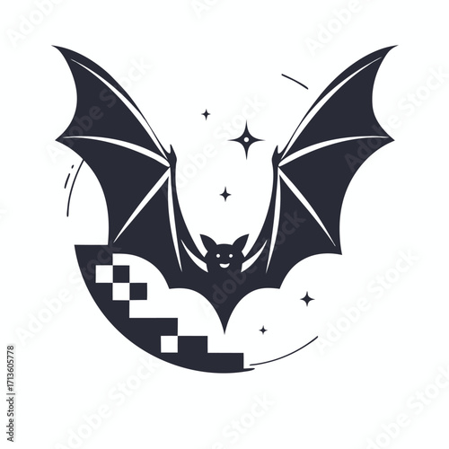 Smiling Bat Silhouette with Spreading Wings, Stars, Pixelated Moon on White