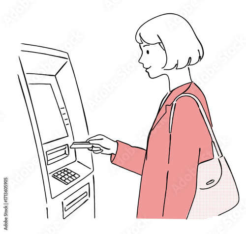 銀行ATMでお金を引き出す若い女性のおしゃれな線画アイコンベクターイラスト / クレジット / 支払い / ラインアート